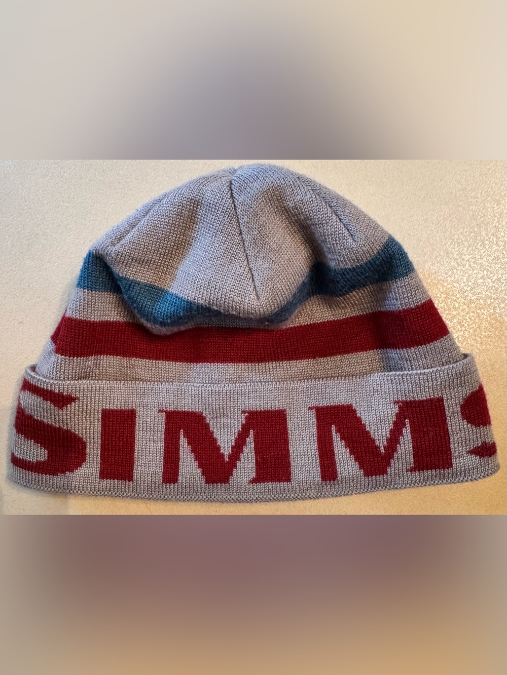 Simms Gray Beanie with Red Logo and Teal Stripe
